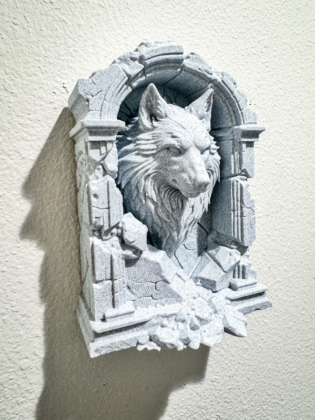 Stone Wolf Wall Sculpture - Marble Look Wolf Head Wall Decor - Mythic Guardian Wolf Art - Gothic Fantasy Home Decor - 3D Printed Art