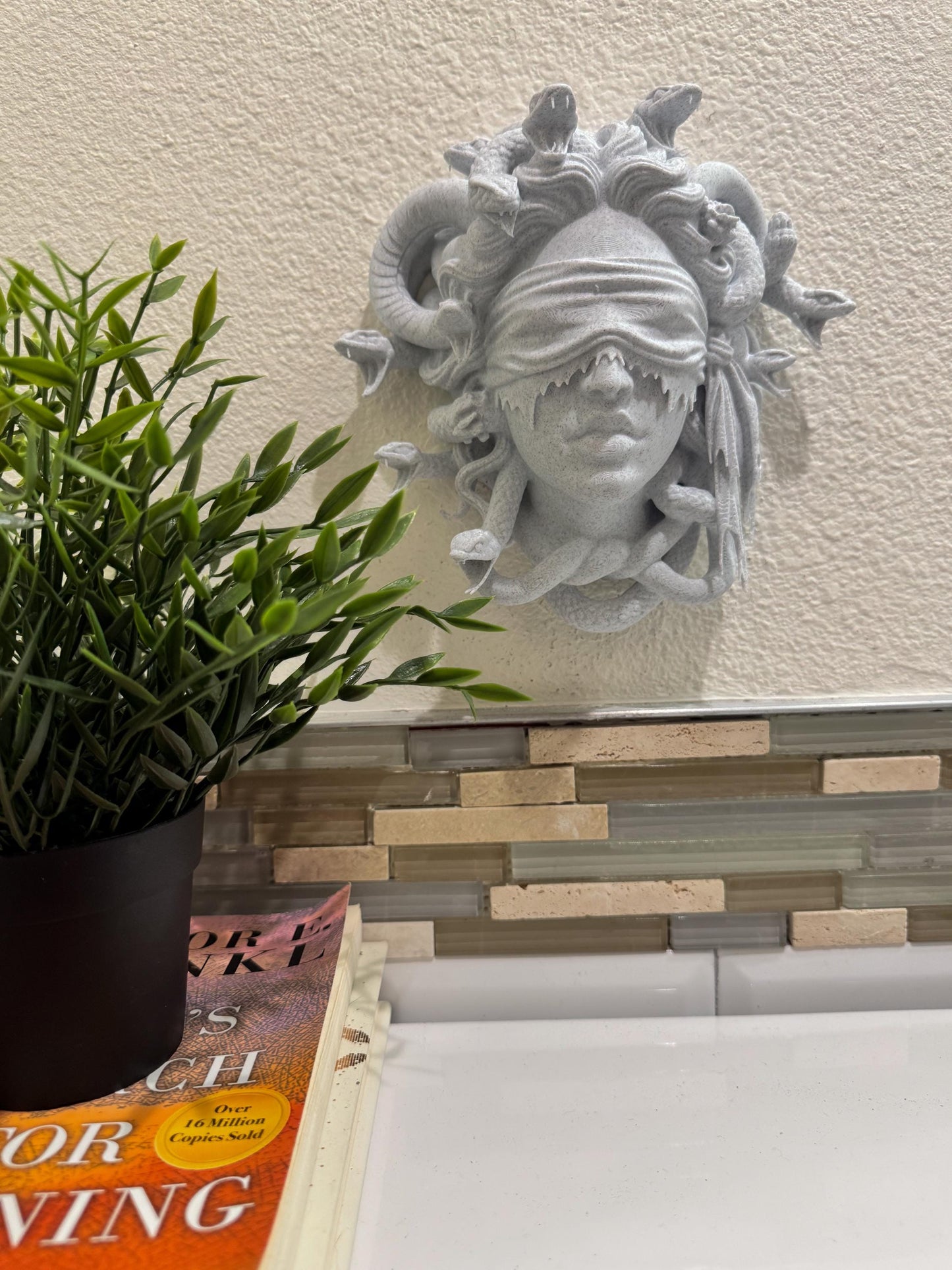Blindfolded Medusa Wall Sculpture | Stone Look Mythology Decor | Gothic Greek Goddess Wall Art | Sculptural Home Accent