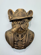 Front view of antique gold French Bulldog mob boss bust in a fedora with a cigar and chain