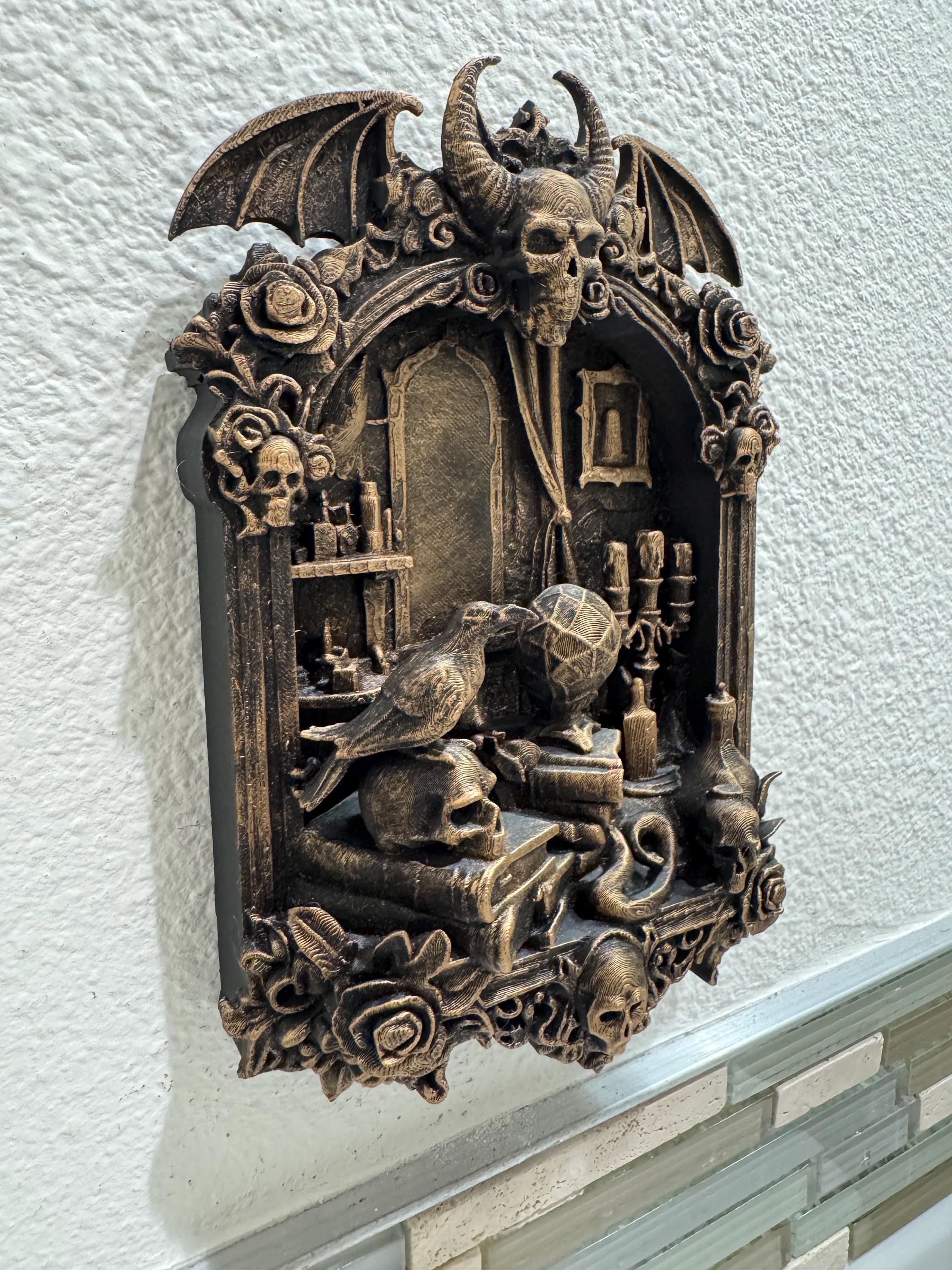 Hand Painted Gothic Occult Wall Decor Skull Altar Dark Fantasy Witchcraft Wall Art Medieval Gothic Home Decor Ritual Altar Art