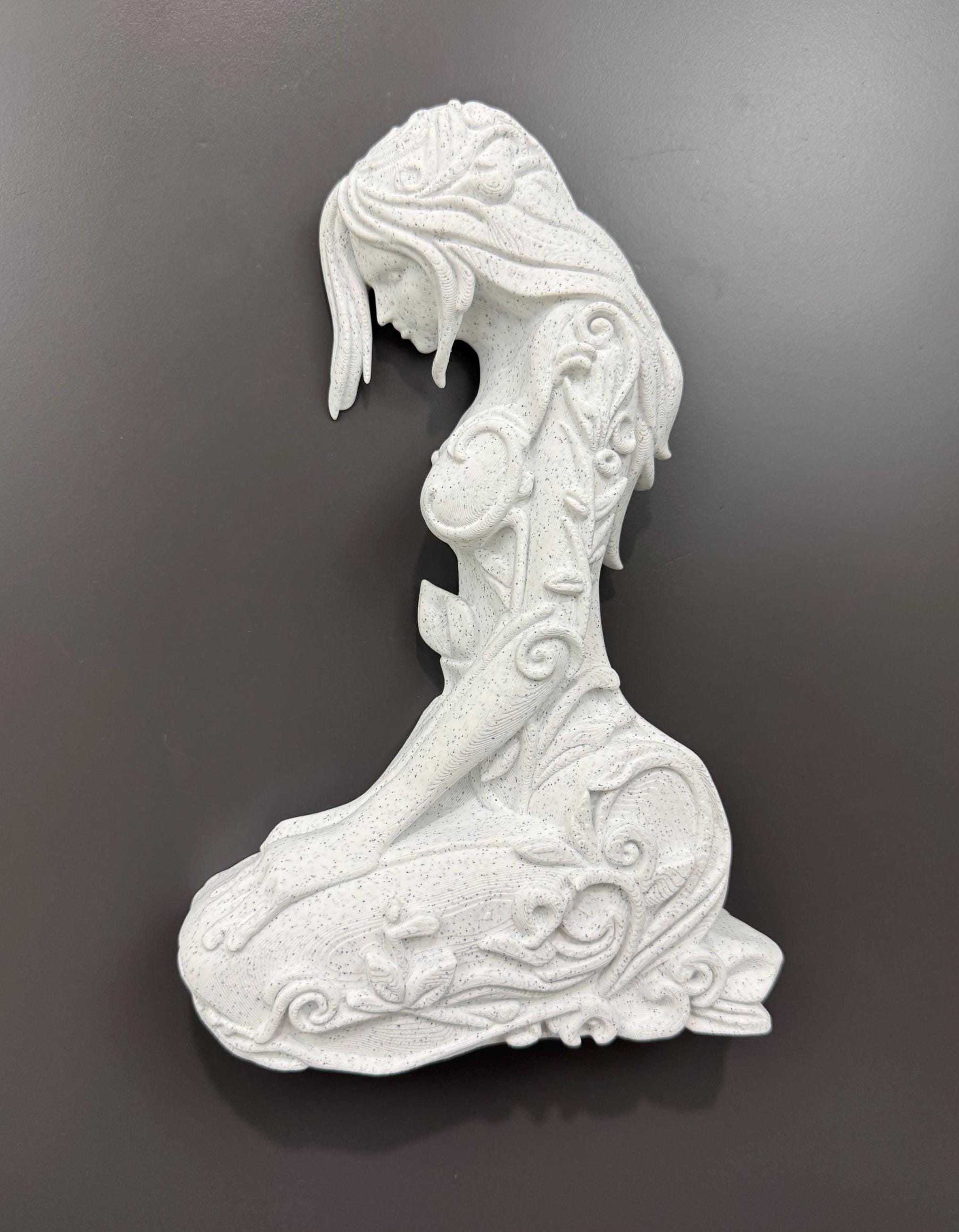 Spirit of the Forest Wall Sculpture - Art Nouveau 3D Print with Marble Finish & Floral Leaf Accents