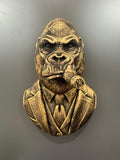 Gentleman Gorilla Wall Sculpture - Boss Ape in Suit Smoking Cigar Art - Gold Bronze Animal Head Bust - Alpha Male Office Decor Man Cave Gift