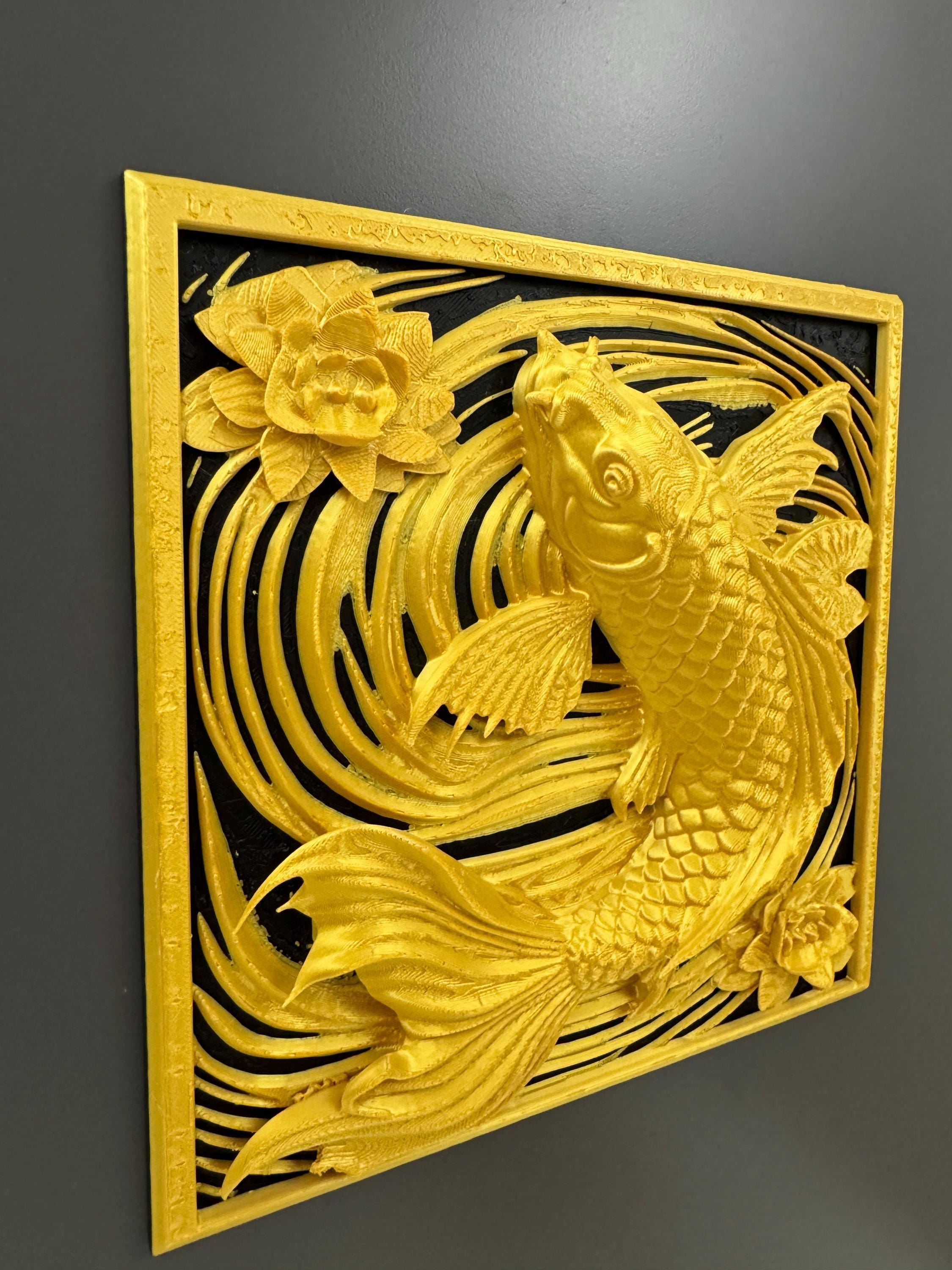 Koi Fish Wall Art Panel | Gold Lotus Flower Home Decor | Japanese Feng Shui Wall Sculpture | Fortune Fish Relief Plaque | Asian Decor Gift