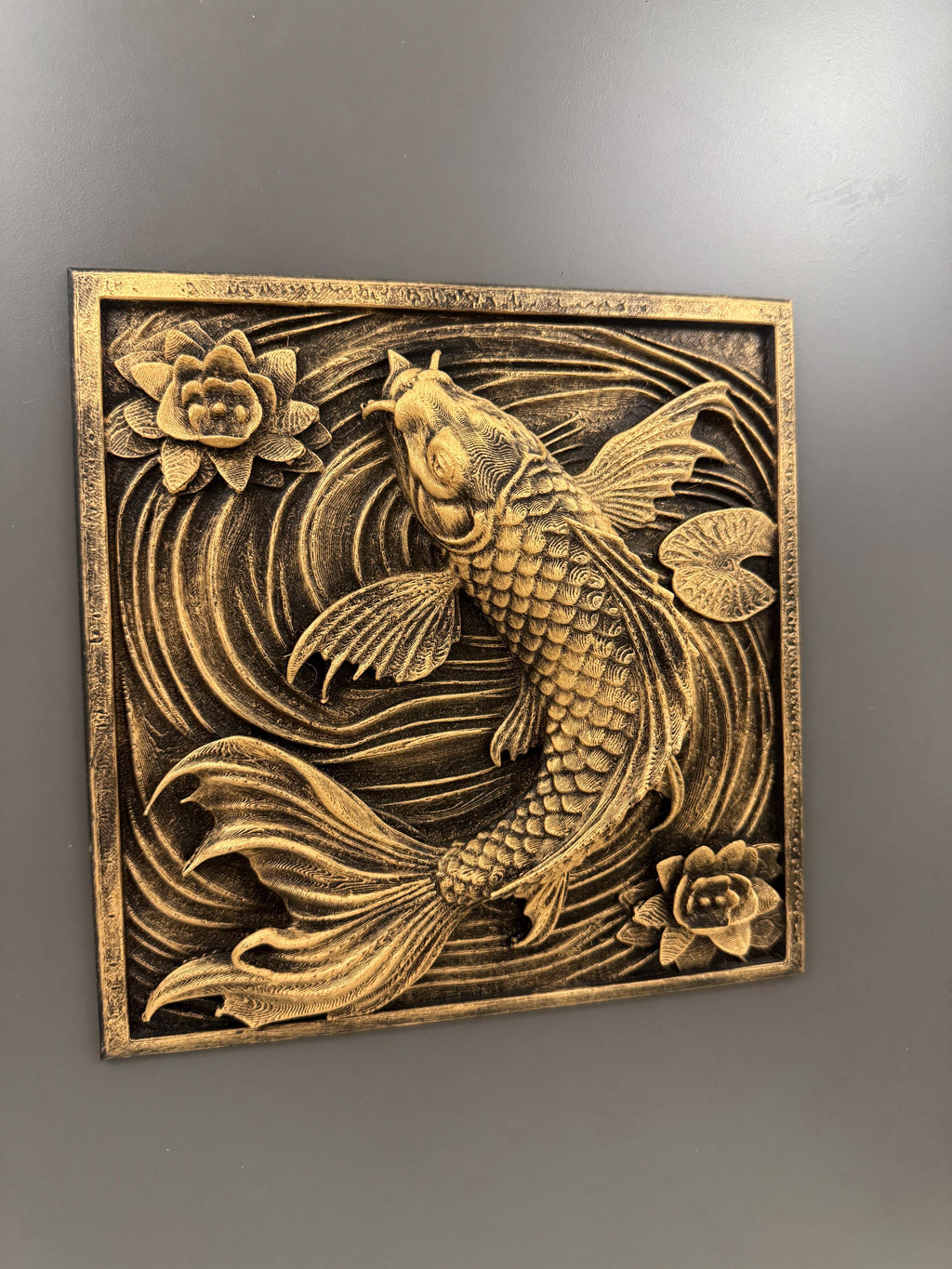 Koi Fish Wall Art | Hand Painted Antique Gold Relief Sculpture | Zen Wall Decor | Lotus Flower Wall Plaque | Spiritual Home Gift