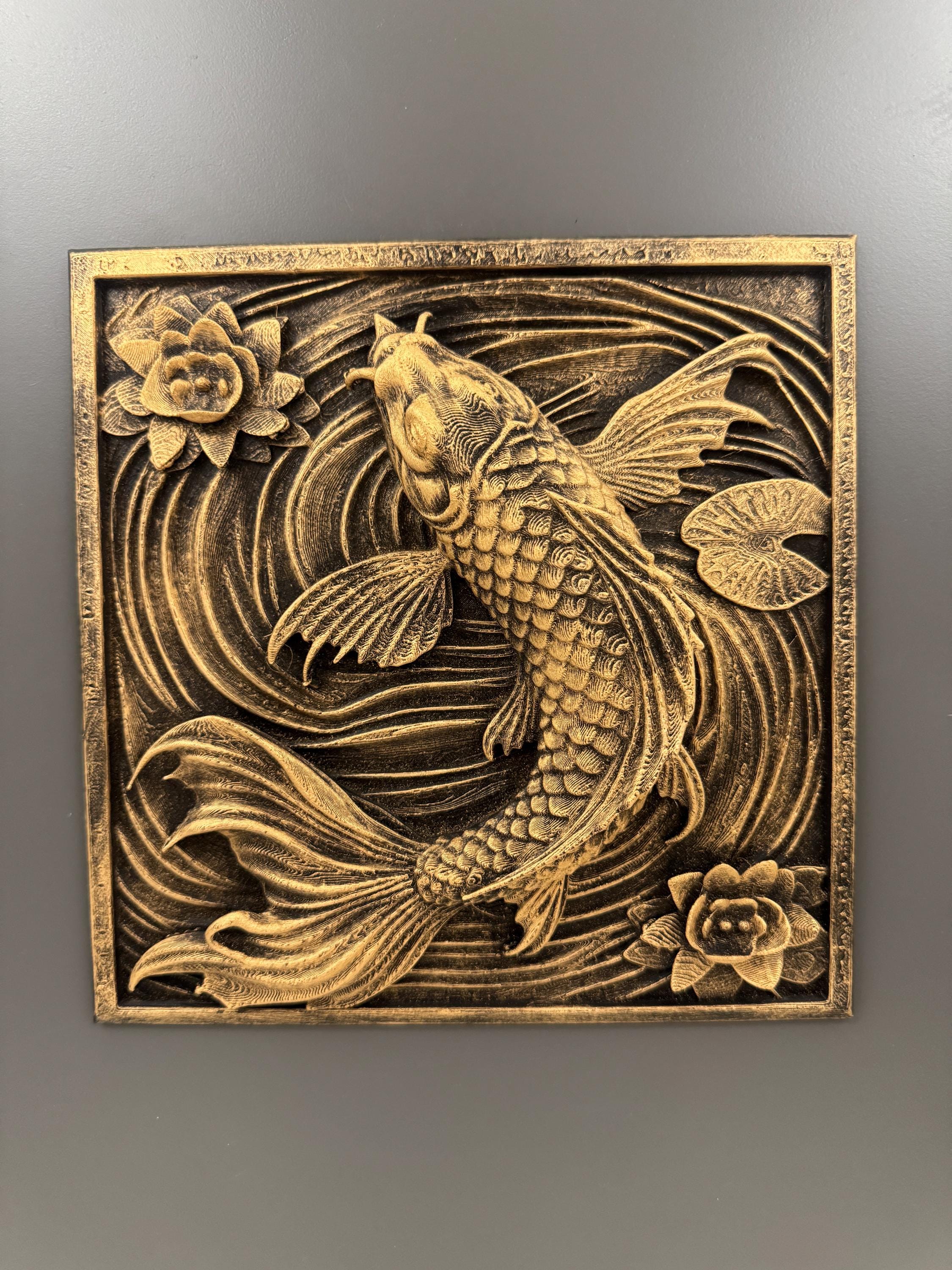 Koi Fish Wall Art | Hand Painted Antique Gold Relief Sculpture | Zen Wall Decor | Lotus Flower Wall Plaque | Spiritual Home Gift