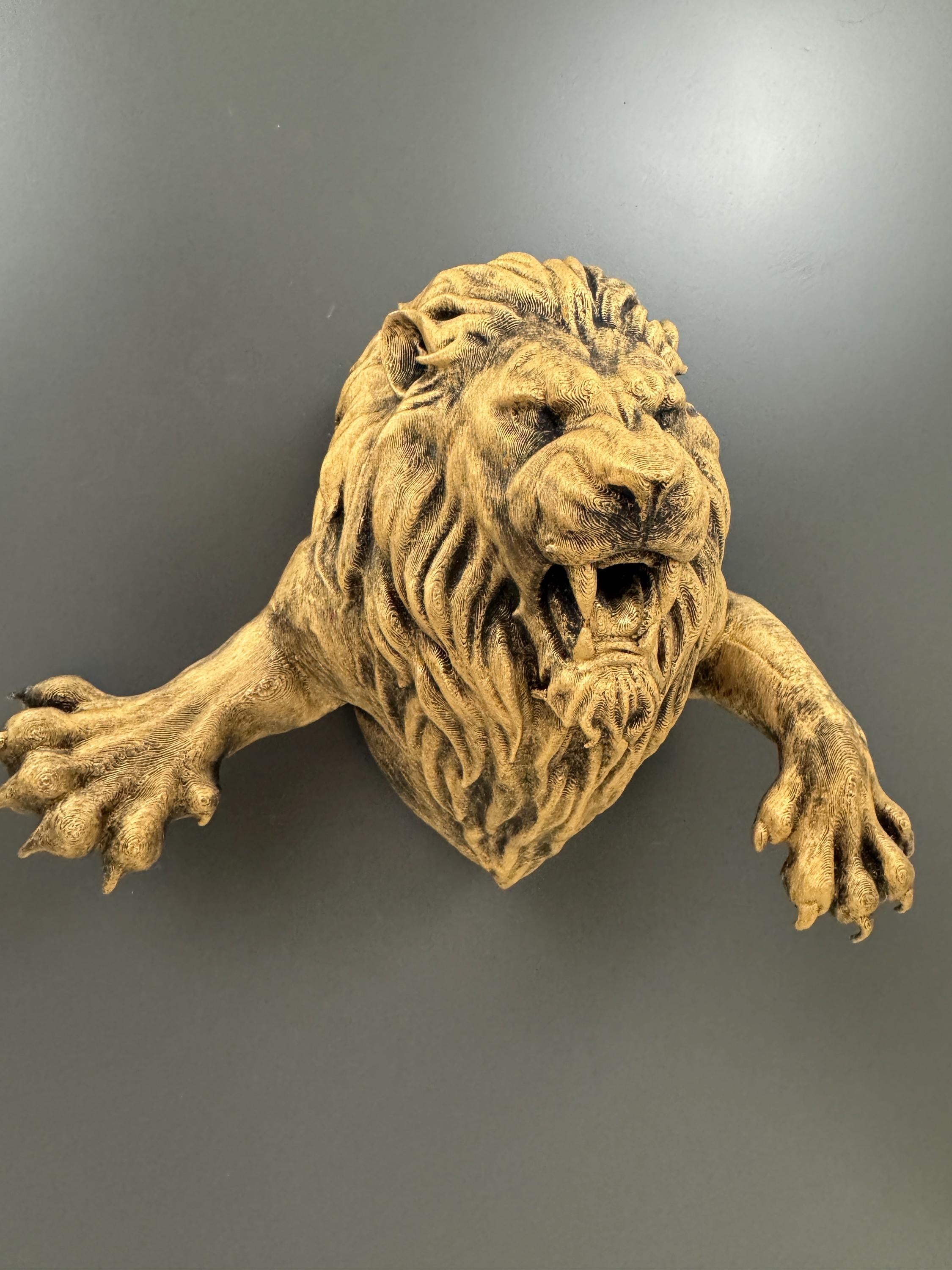 Lion Wall Sculpture | Roaring Lion Emerging Wall Art | Gothic Wildlife Decor | Antique Gold Lion Wall Mount | Predator Home Decor