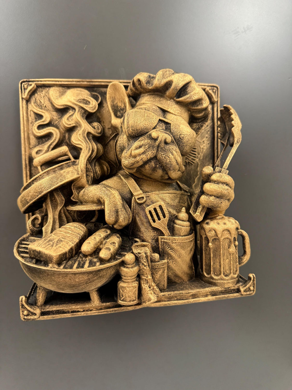 Grill Master Frenchie Wall Sculpture, Funny BBQ Dog Art, French Bulldog Chef Decor, Hand Finished Gift