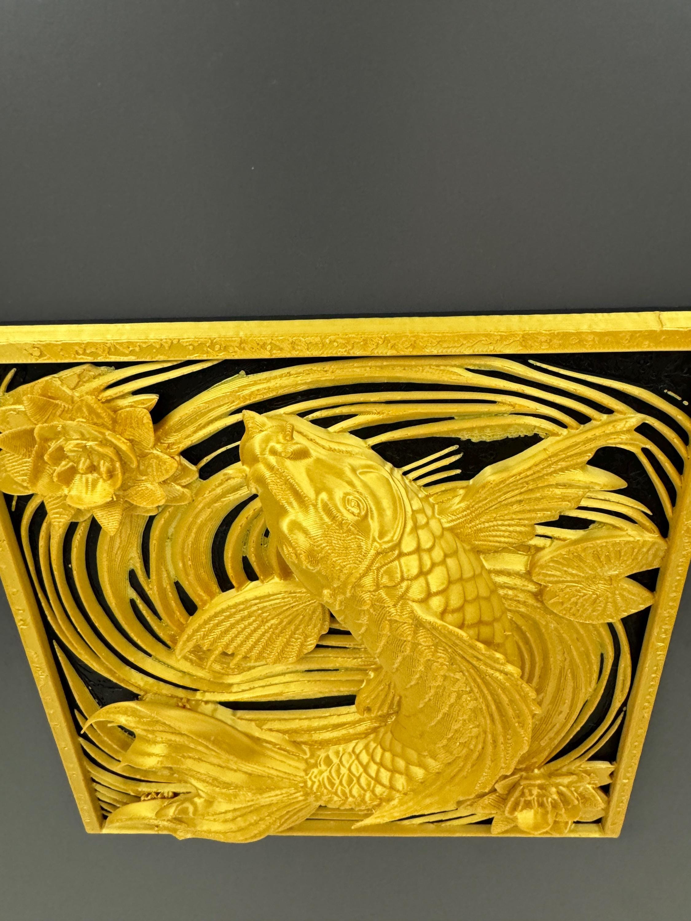 Koi Fish Wall Art Panel | Gold Lotus Flower Home Decor | Japanese Feng Shui Wall Sculpture | Fortune Fish Relief Plaque | Asian Decor Gift