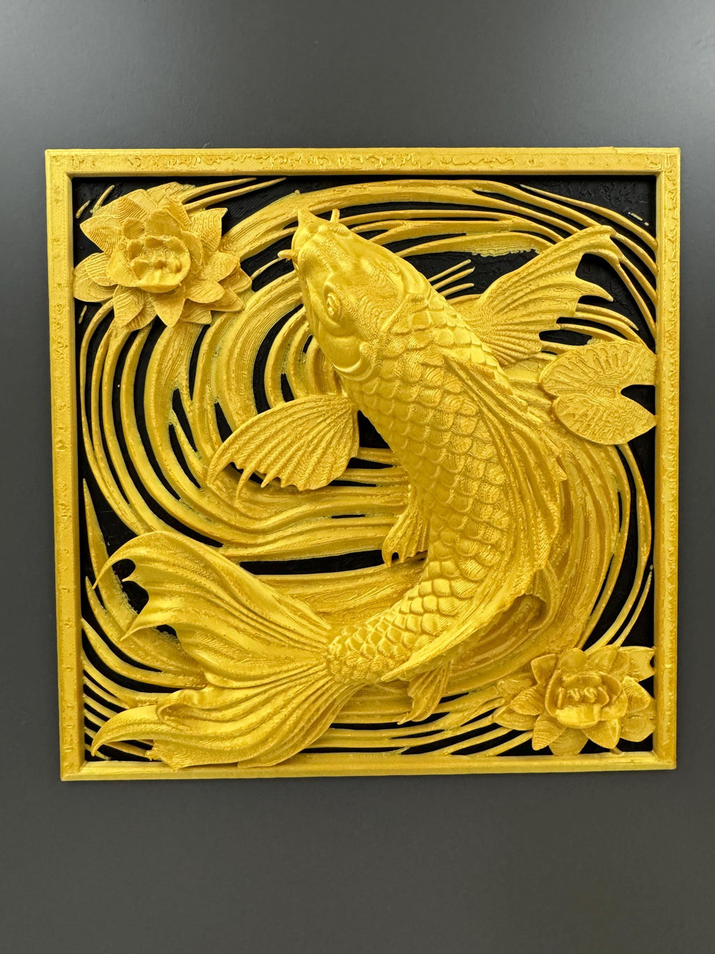 Koi Fish Wall Art Panel | Gold Lotus Flower Home Decor | Japanese Feng Shui Wall Sculpture | Fortune Fish Relief Plaque | Asian Decor Gift