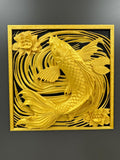 Koi Fish Wall Art Panel | Gold Lotus Flower Home Decor | Japanese Feng Shui Wall Sculpture | Fortune Fish Relief Plaque | Asian Decor Gift
