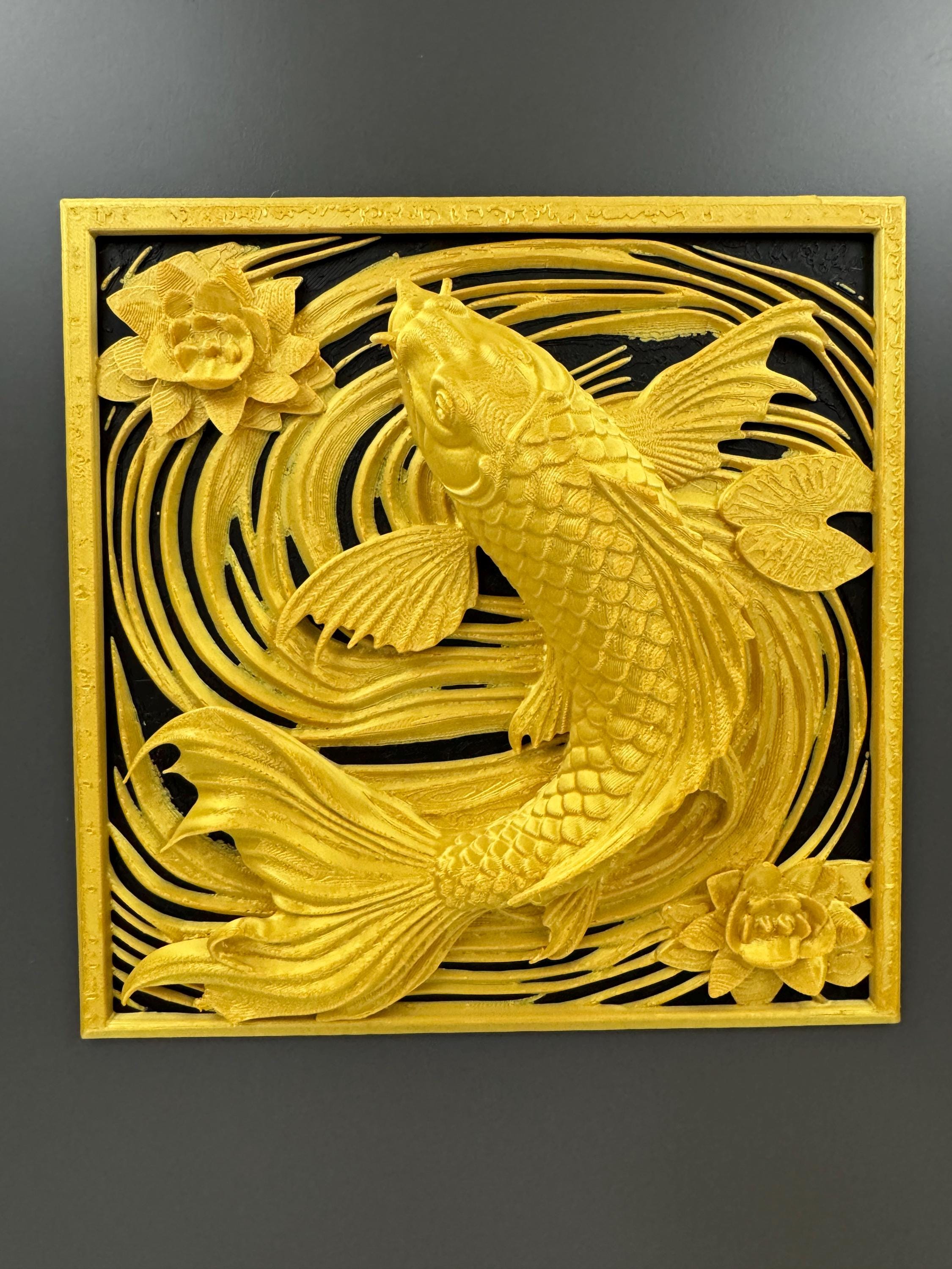 Koi Fish Wall Art Panel | Gold Lotus Flower Home Decor | Japanese Feng Shui Wall Sculpture | Fortune Fish Relief Plaque | Asian Decor Gift