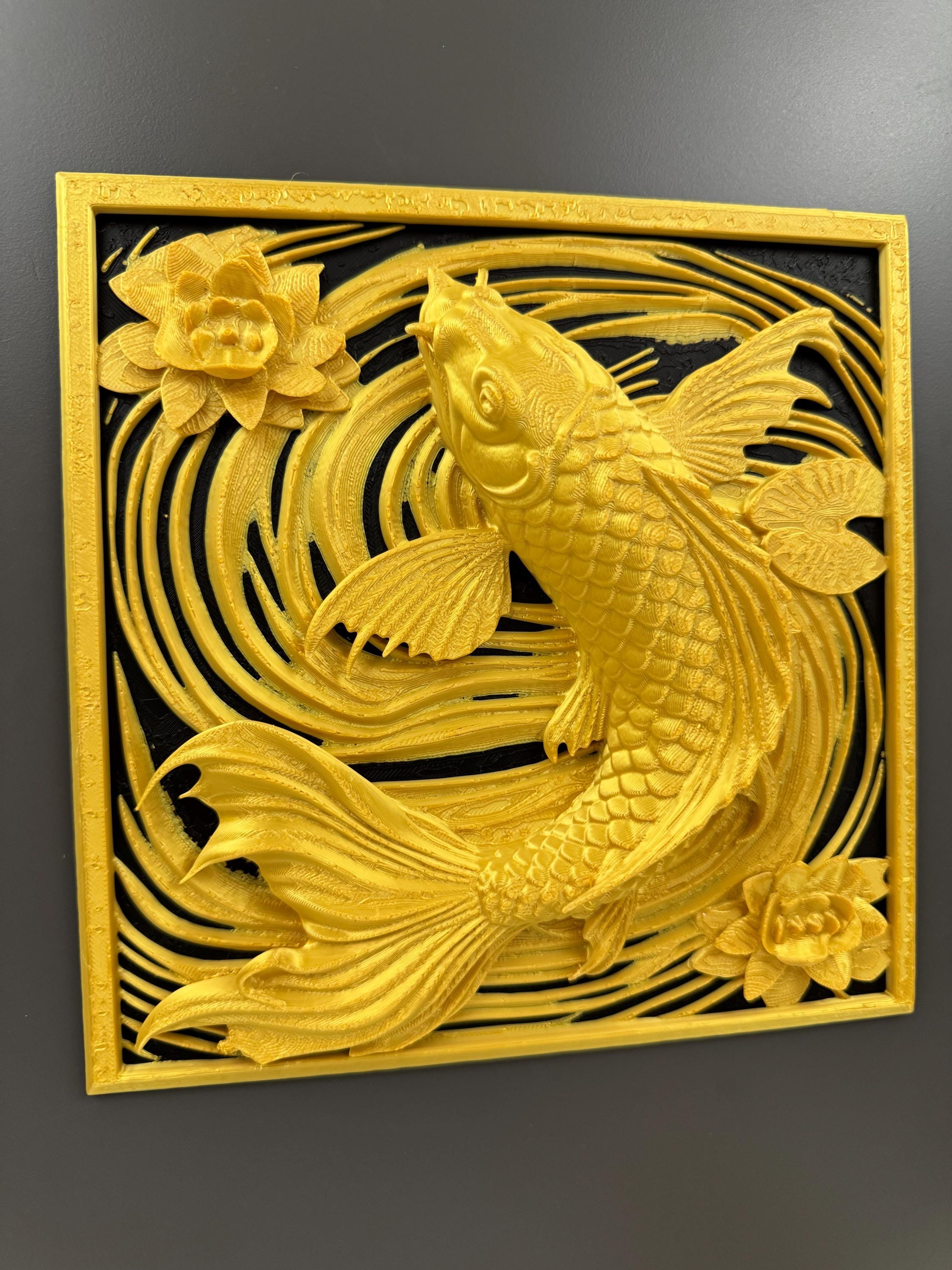 Koi Fish Wall Art Panel | Gold Lotus Flower Home Decor | Japanese Feng Shui Wall Sculpture | Fortune Fish Relief Plaque | Asian Decor Gift