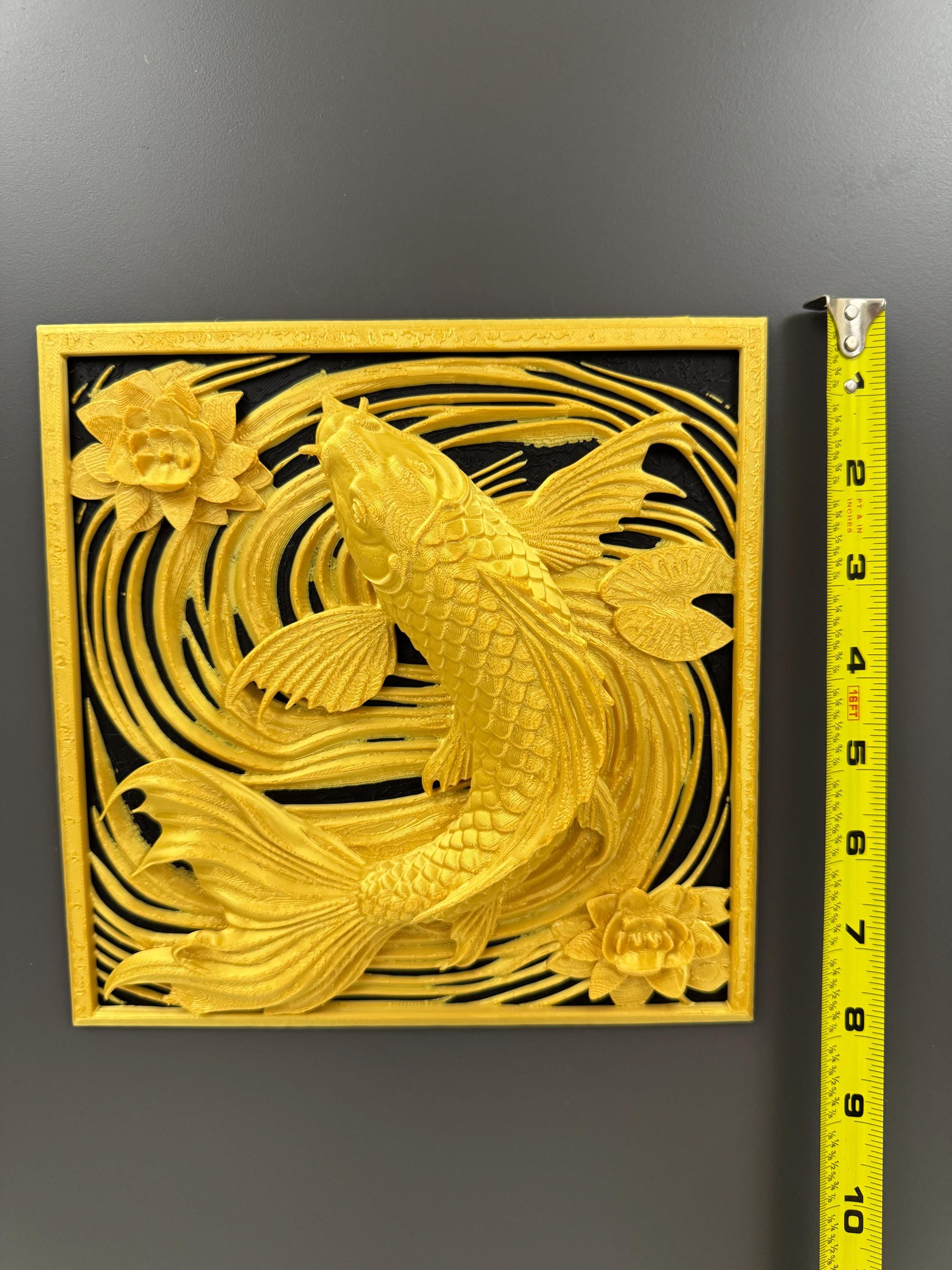 Koi Fish Wall Art Panel | Gold Lotus Flower Home Decor | Japanese Feng Shui Wall Sculpture | Fortune Fish Relief Plaque | Asian Decor Gift
