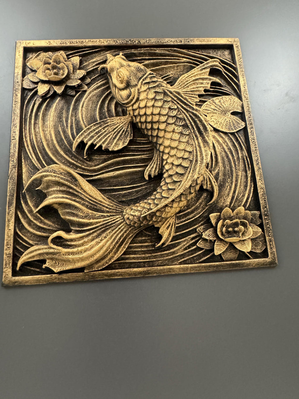 Koi Fish Wall Art | Hand Painted Antique Gold Relief Sculpture | Zen Wall Decor | Lotus Flower Wall Plaque | Spiritual Home Gift