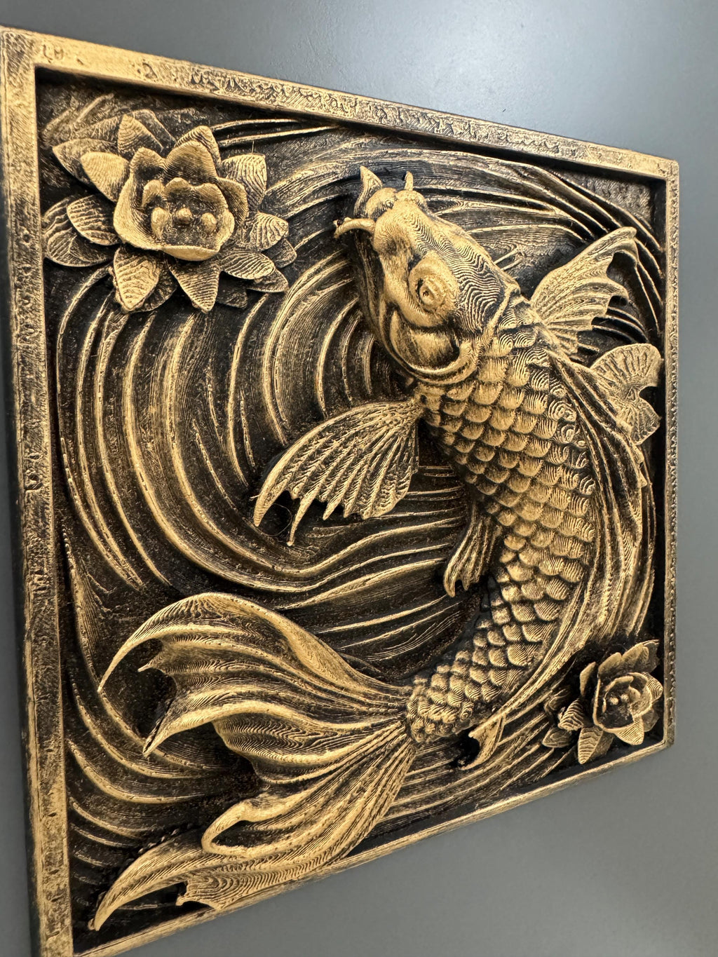 Koi Fish Wall Art | Hand Painted Antique Gold Relief Sculpture | Zen Wall Decor | Lotus Flower Wall Plaque | Spiritual Home Gift