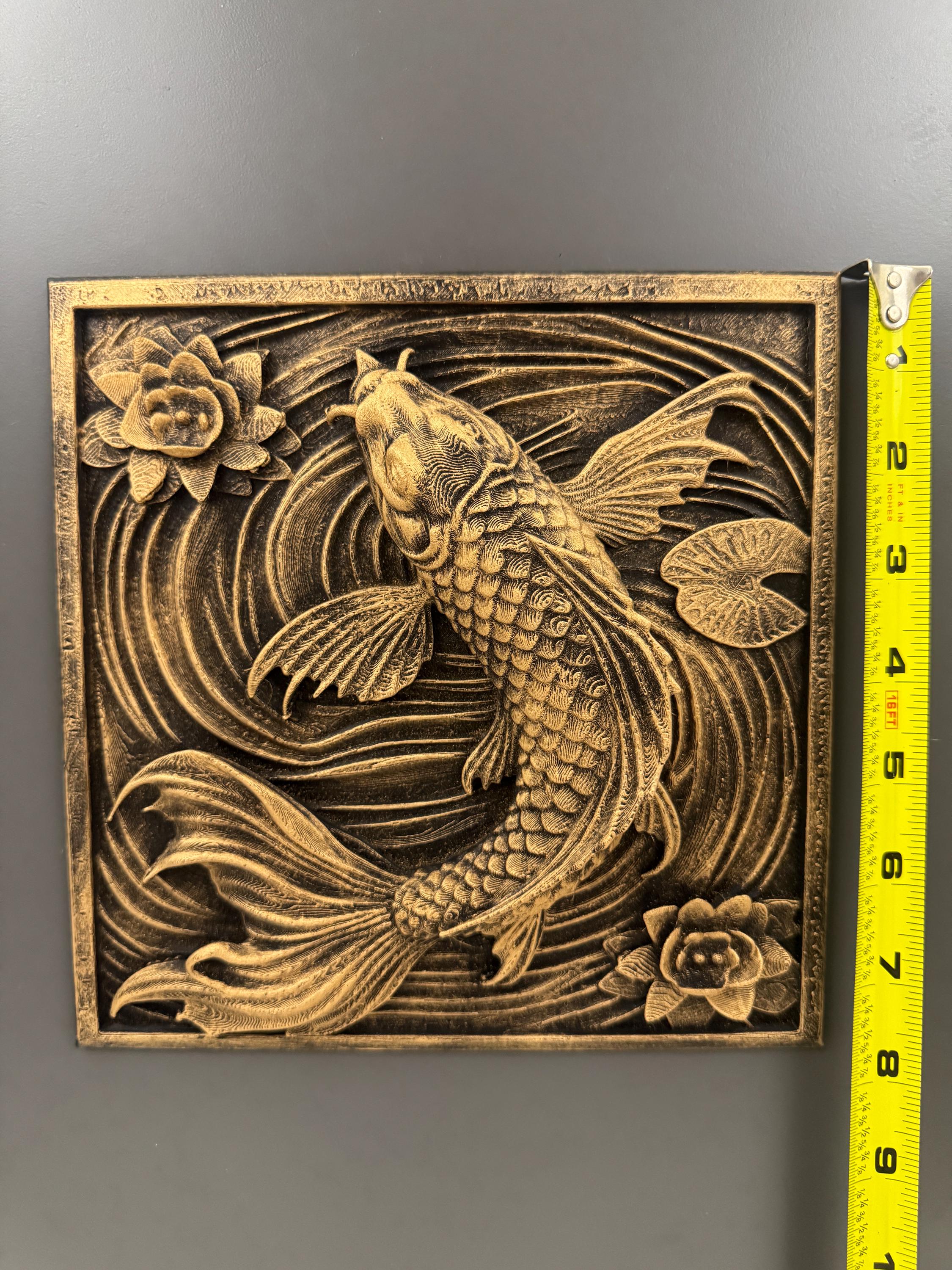 Koi Fish Wall Art | Hand Painted Antique Gold Relief Sculpture | Zen Wall Decor | Lotus Flower Wall Plaque | Spiritual Home Gift