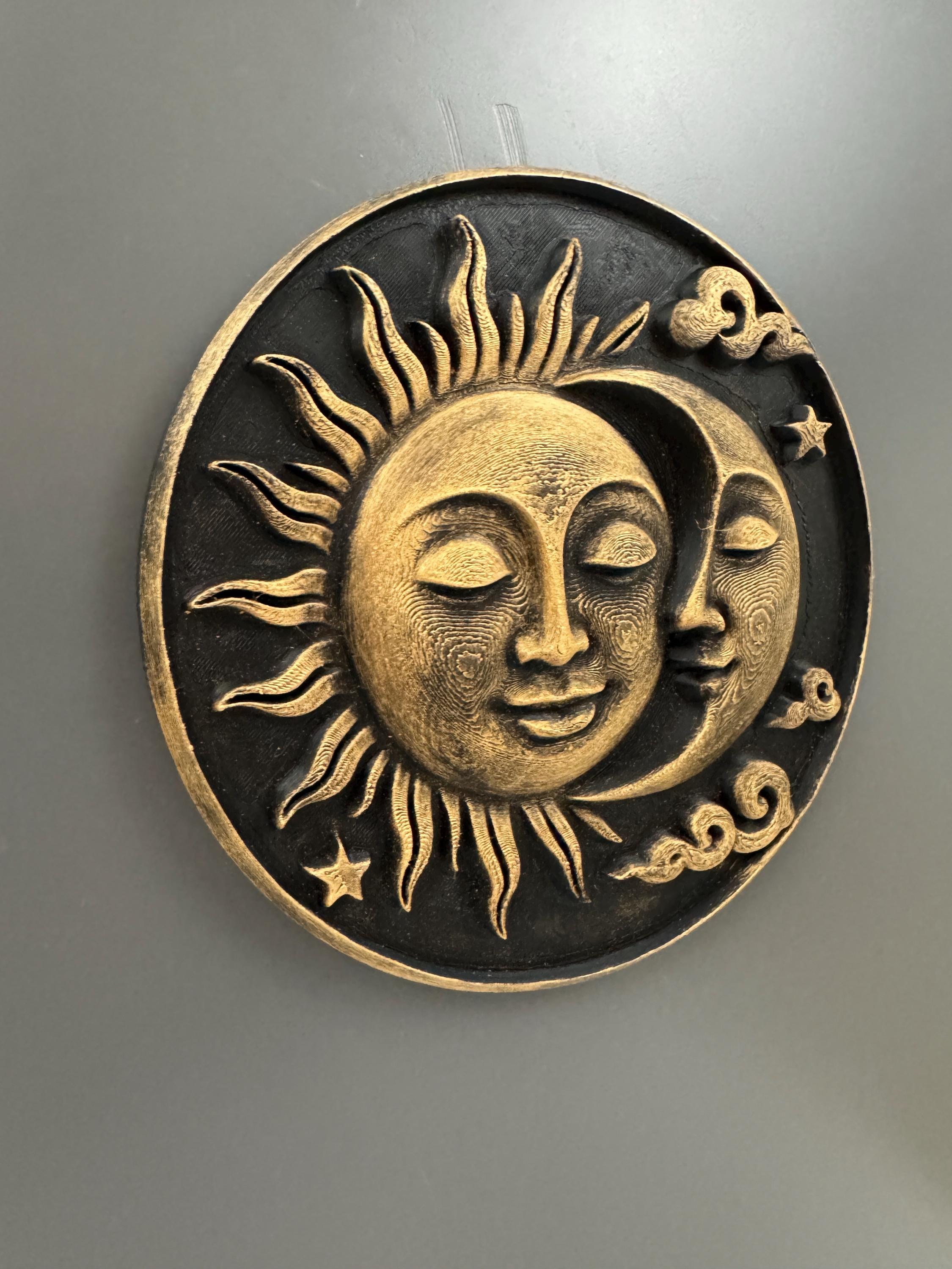 Sun and Moon Wall Art | Celestial Face Relief Sculpture | Gold Boho Wall Decor | 8 Inch Mystical Plaque | Spiritual Housewarming Gift