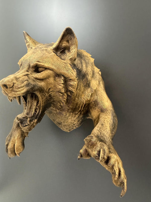 Angled side view showing the sculpted depth of the wolf head and reaching paws