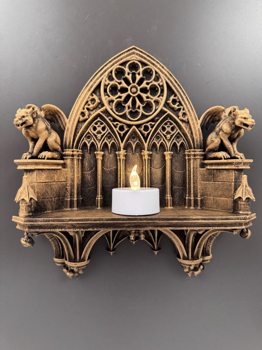 Gargoyle Wall Shelf | Gothic Cathedral Display Ledge | Medieval Rose Window Art | Dark Academia Bookshelf Decor | Witchy Gift for Her