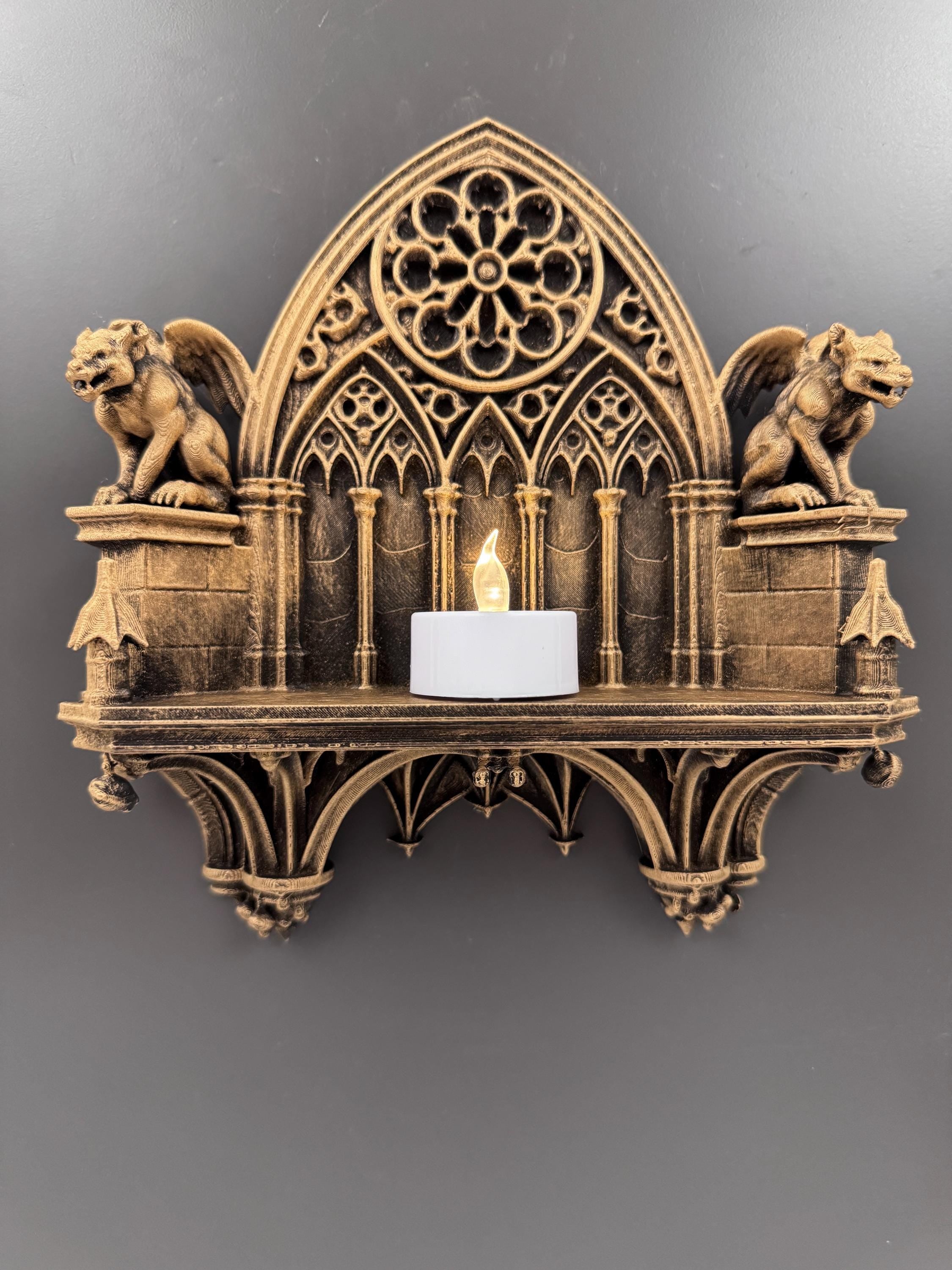 Gargoyle Wall Shelf | Gothic Cathedral Display Ledge | Medieval Rose Window Art | Dark Academia Bookshelf Decor | Witchy Gift for Her