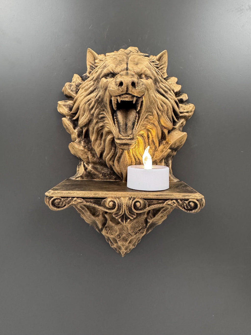 Wolf Head Candle Sconce | Snarling Wolf Wall Shelf | Gothic Tealight Holder | Ornate Scrollwork Wall Mount | Dark Fantasy Gift