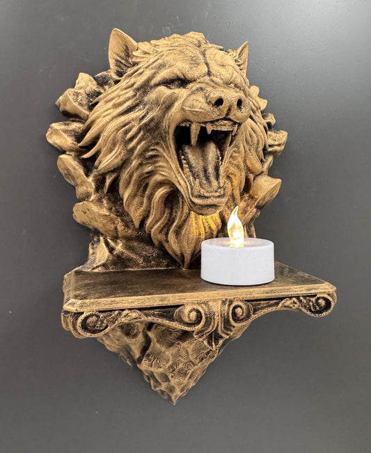 Wolf Head Candle Sconce | Snarling Wolf Wall Shelf | Gothic Tealight Holder | Ornate Scrollwork Wall Mount | Dark Fantasy Gift