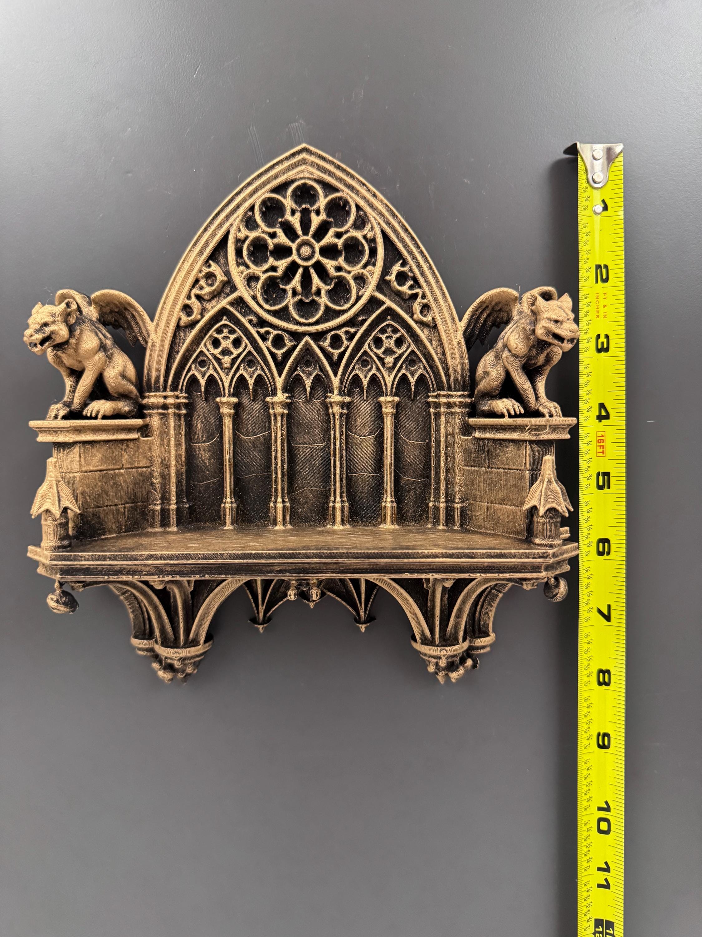 Gargoyle Wall Shelf | Gothic Cathedral Display Ledge | Medieval Rose Window Art | Dark Academia Bookshelf Decor | Witchy Gift for Her