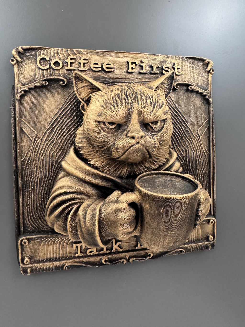 Cat Wall Plaque | Grumpy Cat Coffee First Talk Later Sign | Funny Kitchen Decor | Feline Coffee Bar Art | Cat Lover Gift