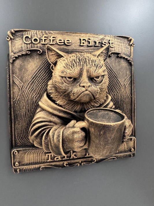 Cat Wall Plaque | Grumpy Cat Coffee First Talk Later Sign | Funny Kitchen Decor | Feline Coffee Bar Art | Cat Lover Gift
