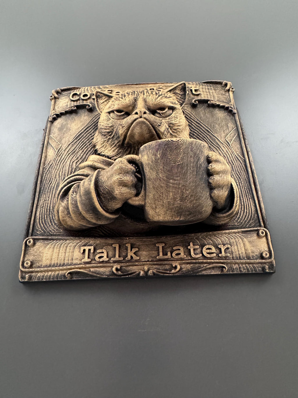 Cat Wall Plaque | Grumpy Cat Coffee First Talk Later Sign | Funny Kitchen Decor | Feline Coffee Bar Art | Cat Lover Gift