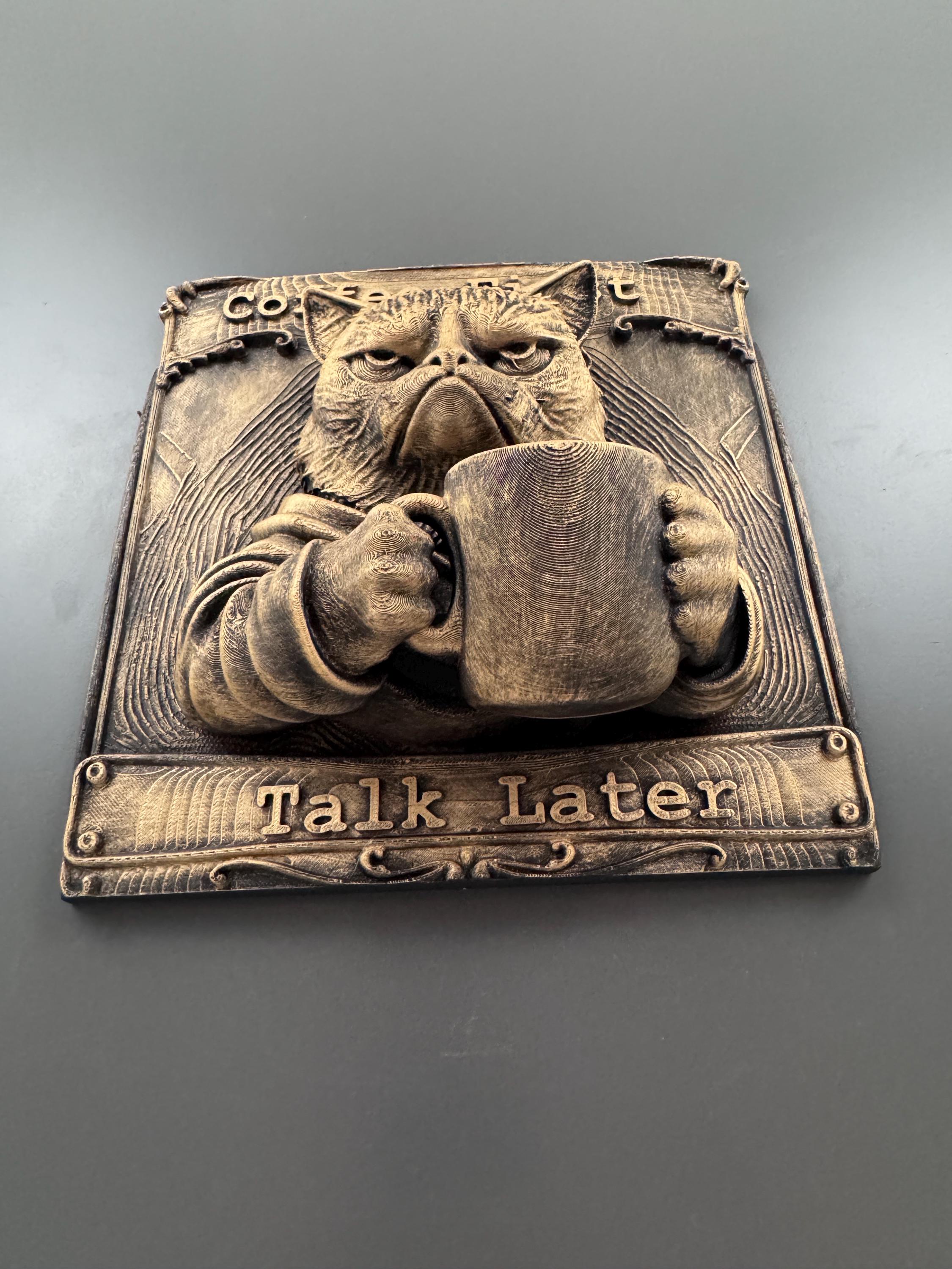 Cat Wall Plaque | Grumpy Cat Coffee First Talk Later Sign | Funny Kitchen Decor | Feline Coffee Bar Art | Cat Lover Gift