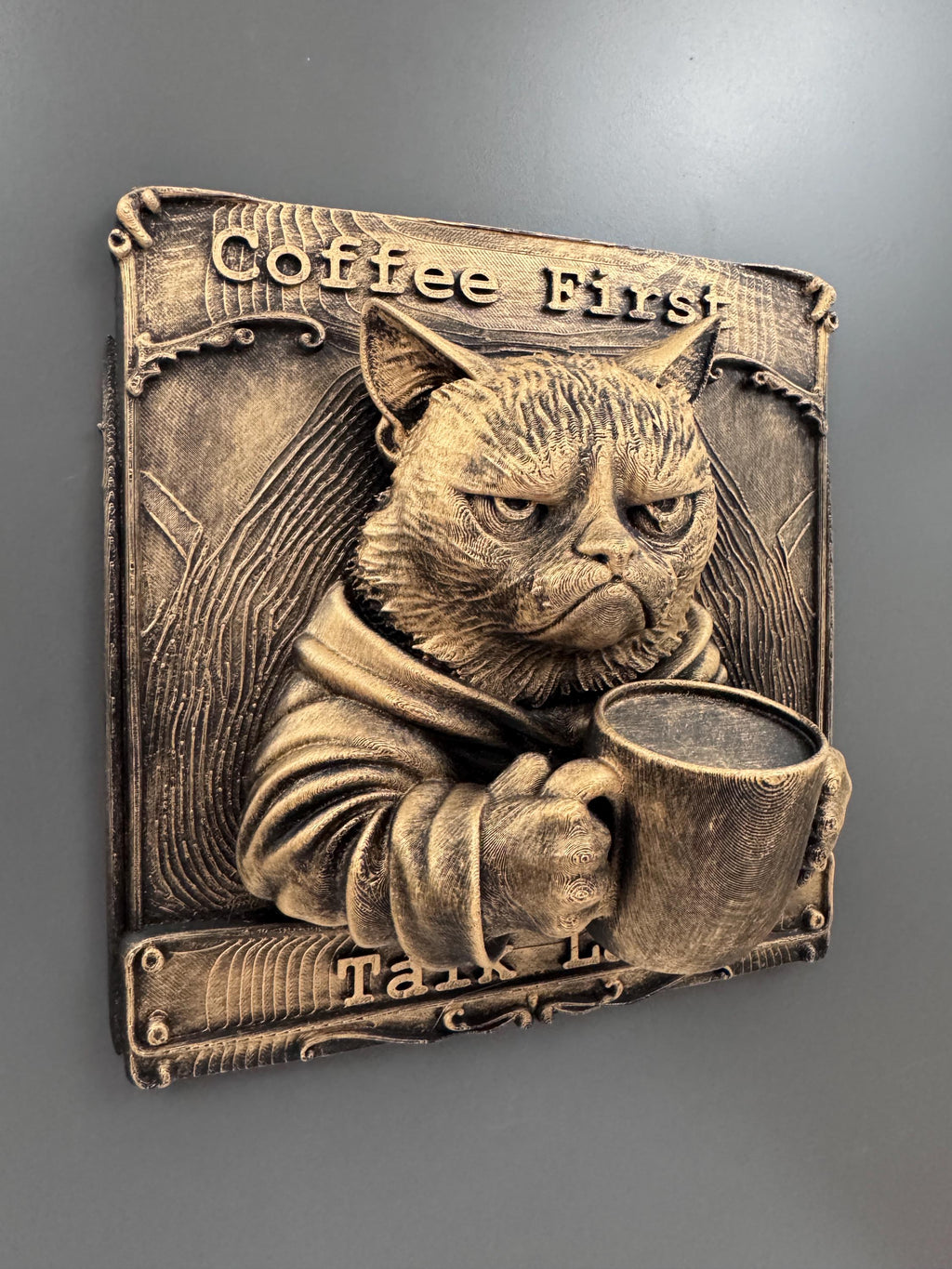Cat Wall Plaque | Grumpy Cat Coffee First Talk Later Sign | Funny Kitchen Decor | Feline Coffee Bar Art | Cat Lover Gift