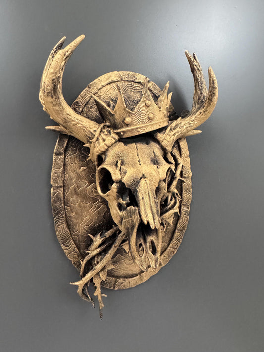 Deer Skull Wall Mount | Crowned Stag Trophy Plaque | Gothic Antler Decor | Dark Fantasy Art | Hunting Lodge Gift