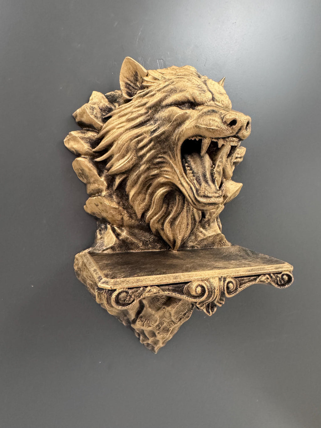 Wolf Head Candle Sconce | Snarling Wolf Wall Shelf | Gothic Tealight Holder | Ornate Scrollwork Wall Mount | Dark Fantasy Gift