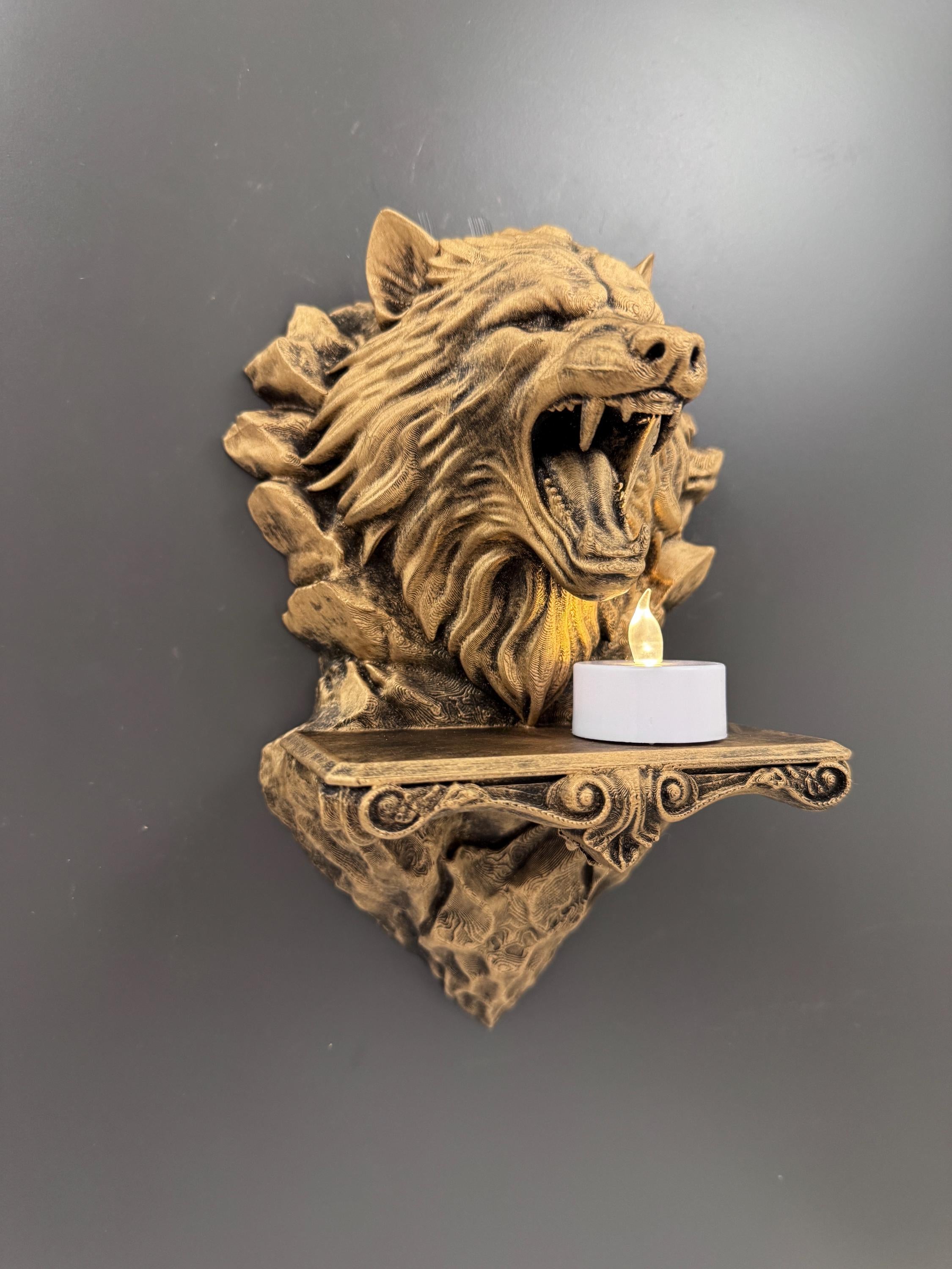 Wolf Head Candle Sconce | Snarling Wolf Wall Shelf | Gothic Tealight Holder | Ornate Scrollwork Wall Mount | Dark Fantasy Gift