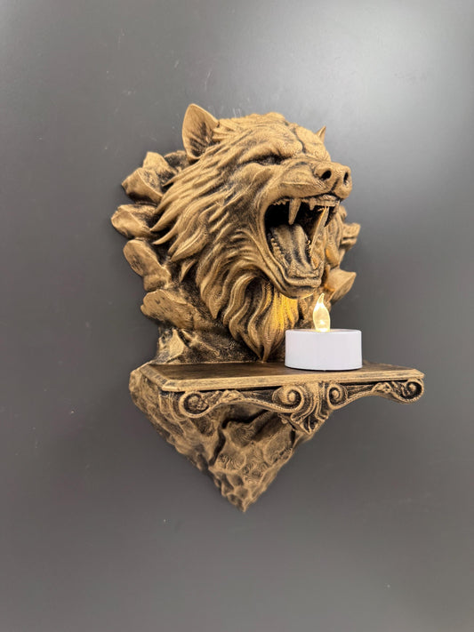 Wolf Head Candle Sconce | Snarling Wolf Wall Shelf | Gothic Tealight Holder | Ornate Scrollwork Wall Mount | Dark Fantasy Gift