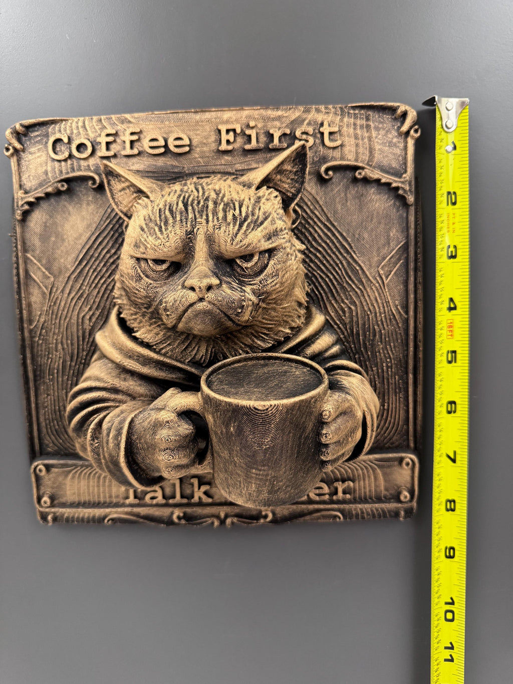 Cat Wall Plaque | Grumpy Cat Coffee First Talk Later Sign | Funny Kitchen Decor | Feline Coffee Bar Art | Cat Lover Gift