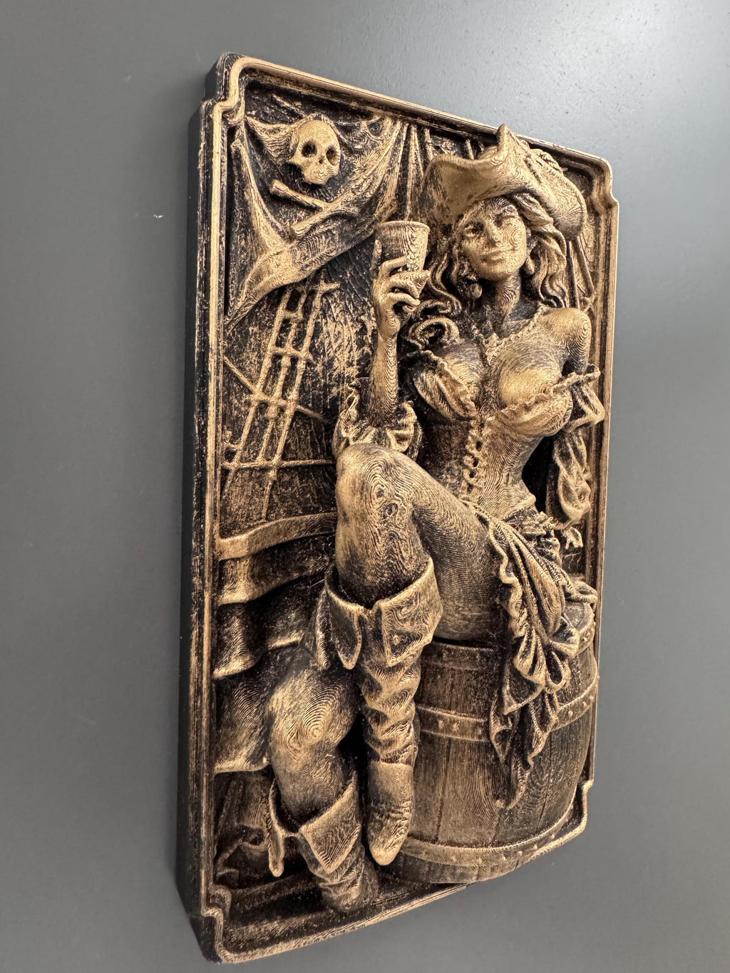 Pirate Girl Wall Plaque | Nautical Relief Art | Antique Gold Ship Decor | Tavern Bar Hanging | Beach House Gift | Pin Up Sculpture