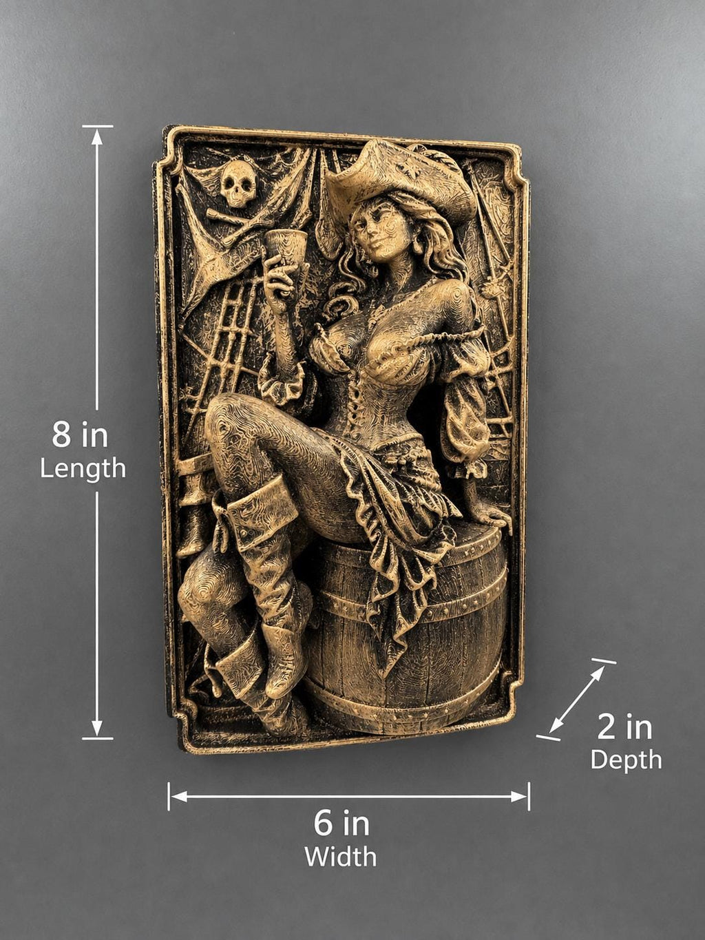 Pirate Girl Wall Plaque | Nautical Relief Art | Antique Gold Ship Decor | Tavern Bar Hanging | Beach House Gift | Pin Up Sculpture