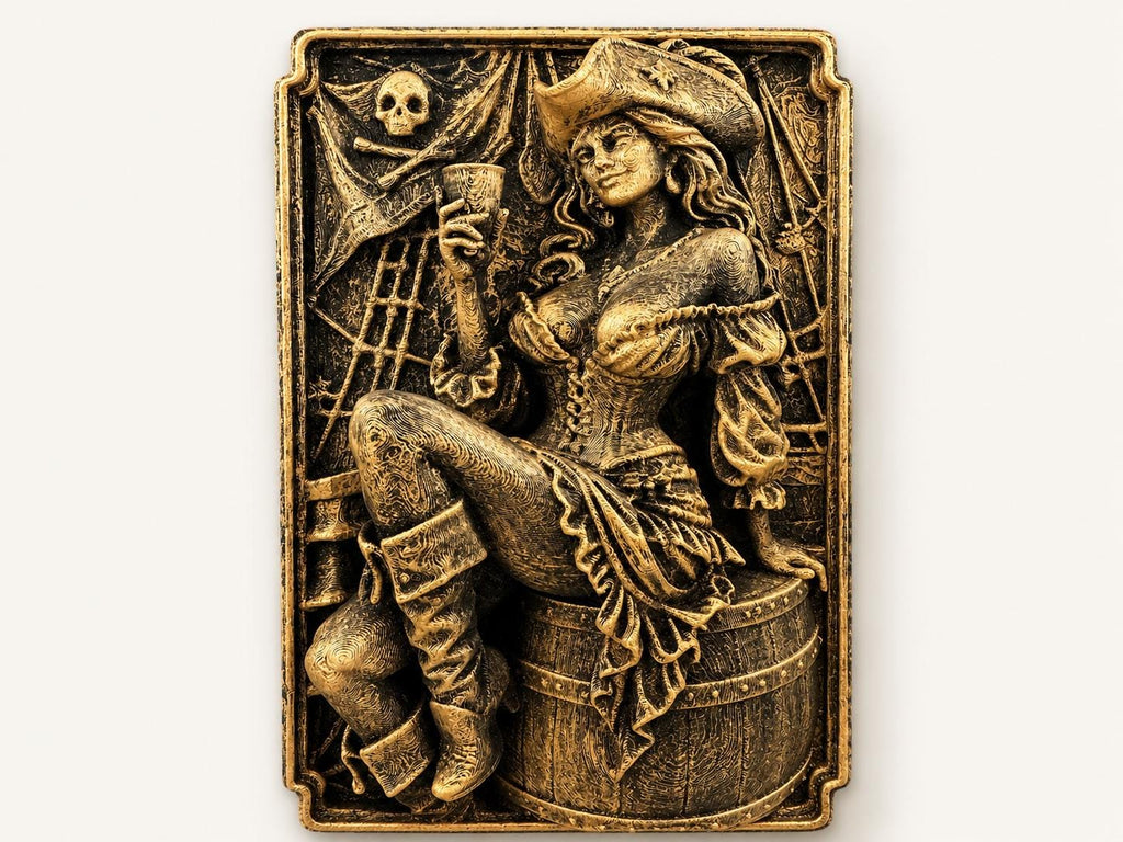 Pirate Girl Wall Plaque | Nautical Relief Art | Antique Gold Ship Decor | Tavern Bar Hanging | Beach House Gift | Pin Up Sculpture
