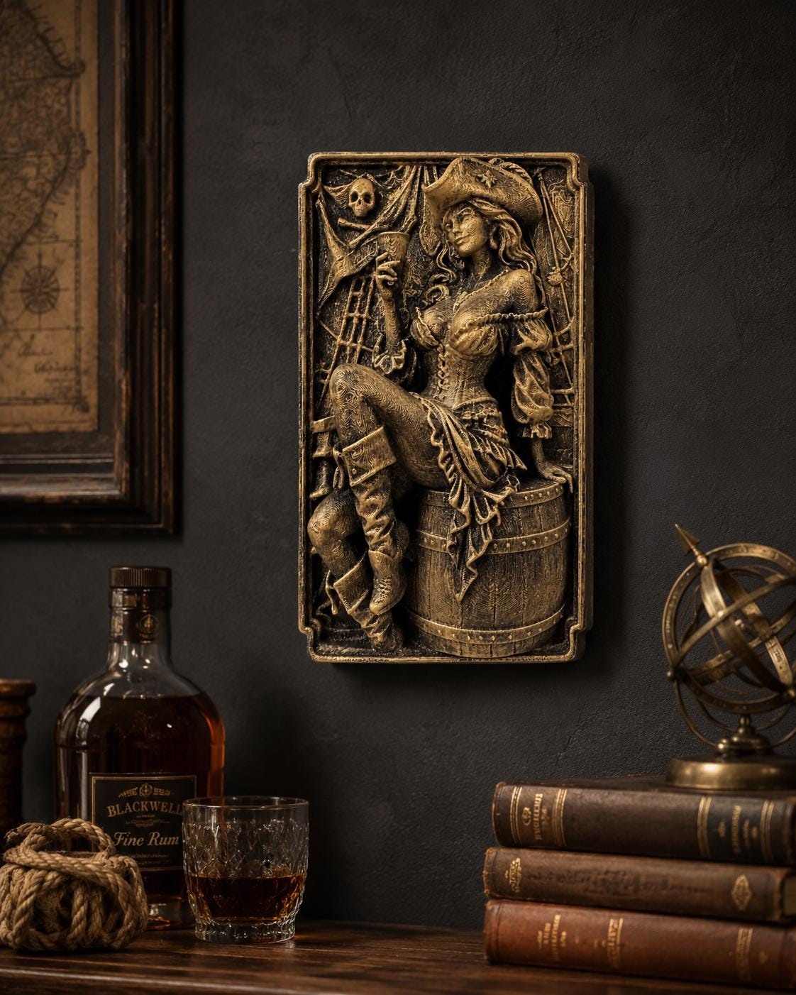 Pirate Girl Wall Plaque | Nautical Relief Art | Antique Gold Ship Decor | Tavern Bar Hanging | Beach House Gift | Pin Up Sculpture