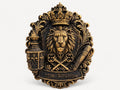 Angled view of antique gold lion crest The Lounge plaque with crown, keys and lantern