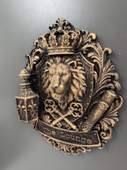 Left angle of The Lounge plaque showing lantern and banner depth