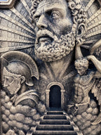 Close-up of the bearded saint and stairway on the Gates of Heaven plaque