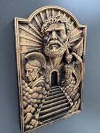 Right angle of the Gates of Heaven plaque showing the saint's face