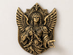 Front view of antique gold Saint Michael archangel sculpture with spread wings and chains