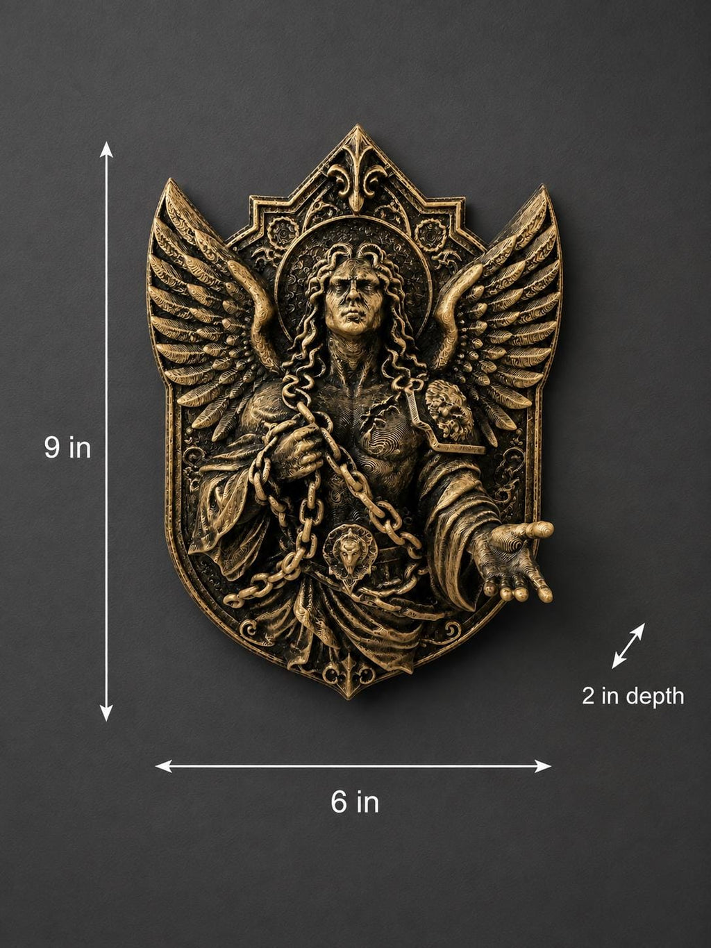 Dimension photo of the Saint Michael sculpture: 9 in. tall, 6 in. wide, 2 in. deep