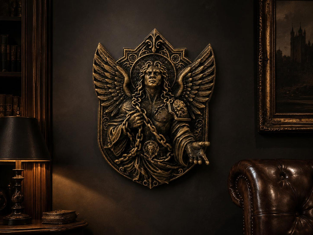 Saint Michael sculpture on a dark wall above a leather chair and lamp