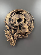 Left angle of the gold skull showing the crescent moon and crystals