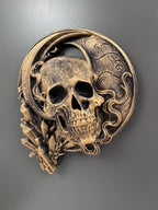 Front view of the moon skull sculpture with smoke swirls